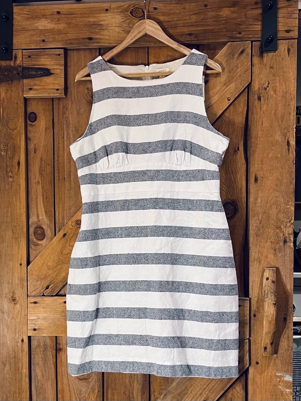J. Crew Gray and White linen blend Striped Sleeveless Midi Dress size 14